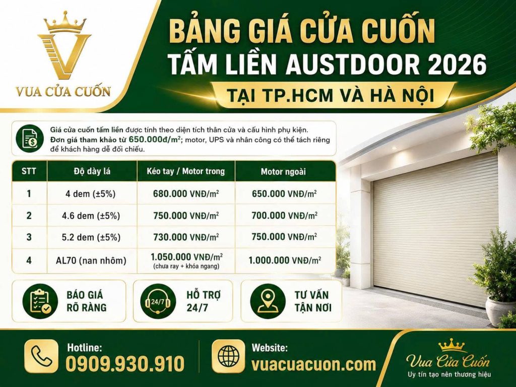 Bảng Giá Cửa Cuốn Tấm Liền Austdoor 2026 – Từ 650K/m² 22 Bảng Giá Cửa Cuốn Tấm Liền Austdoor và Cửa Cuốn ÚC 2026 | Vua Cửa Cuốn