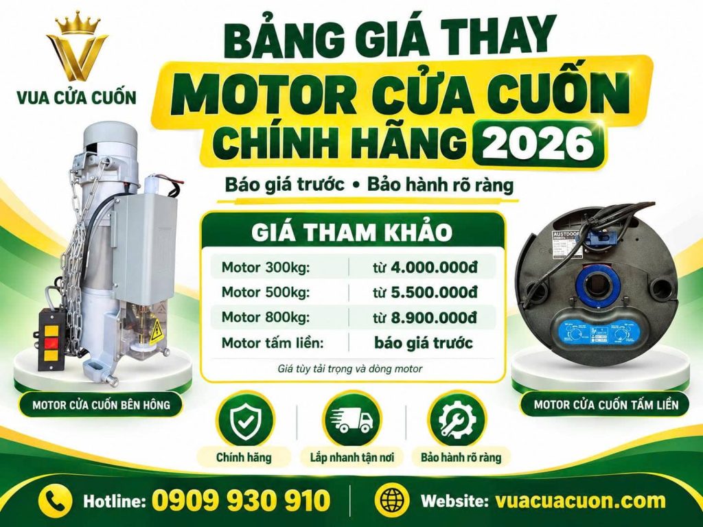 Bảng Giá Motor Cửa Cuốn Mới Nhất 2026 – Đủ Hãng Như YH, JG, Austdoor Và Motor Ống 18 Motor Cửa Cuốn Giá Bao Nhiêu? Cập Nhật Giá Năm 2026 Tại Vua Cửa Cuốn